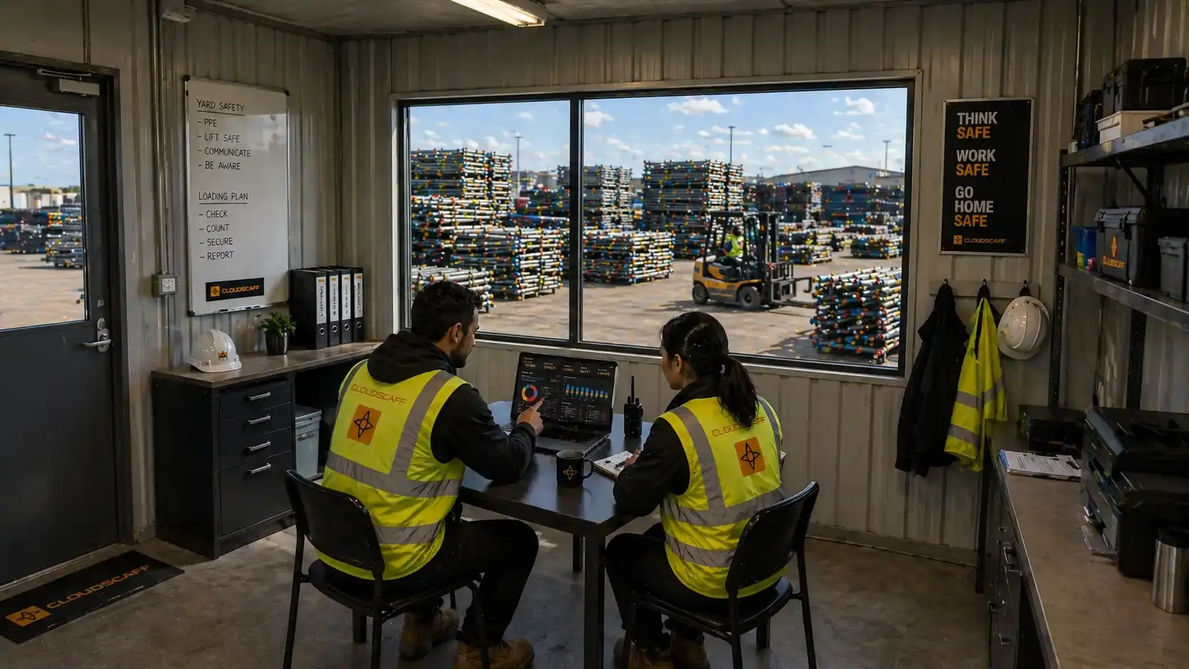 CloudScaff asset levels interface showing live stock states across yard and site