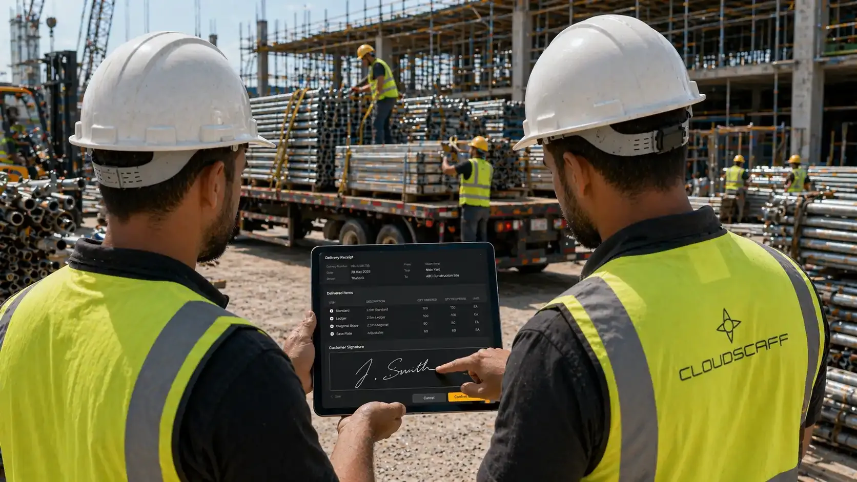 CloudScaff teams managing a delivery on a tablet at a scaffolding site