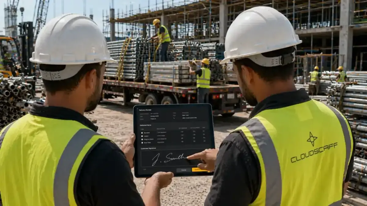CloudScaff workflow illustration showing a team using a tablet on site