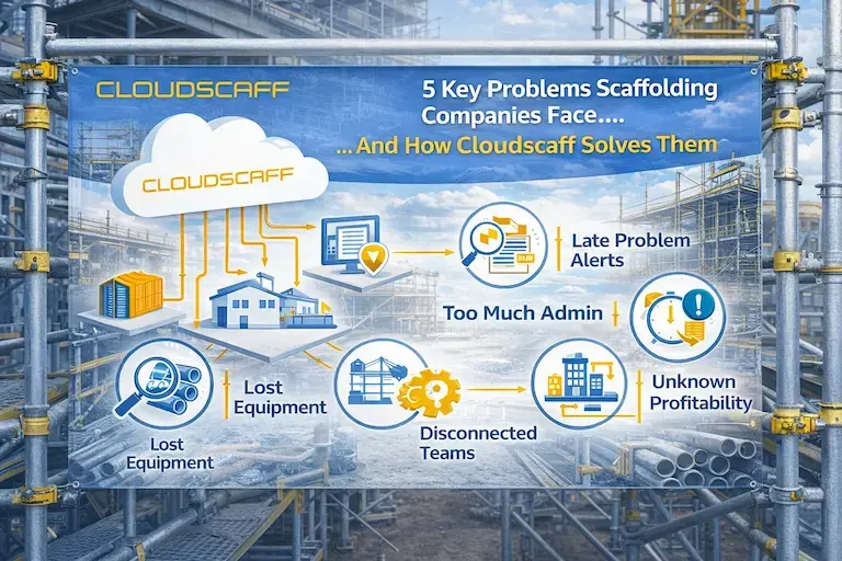 Scaffolding materials and structural components on an active job site