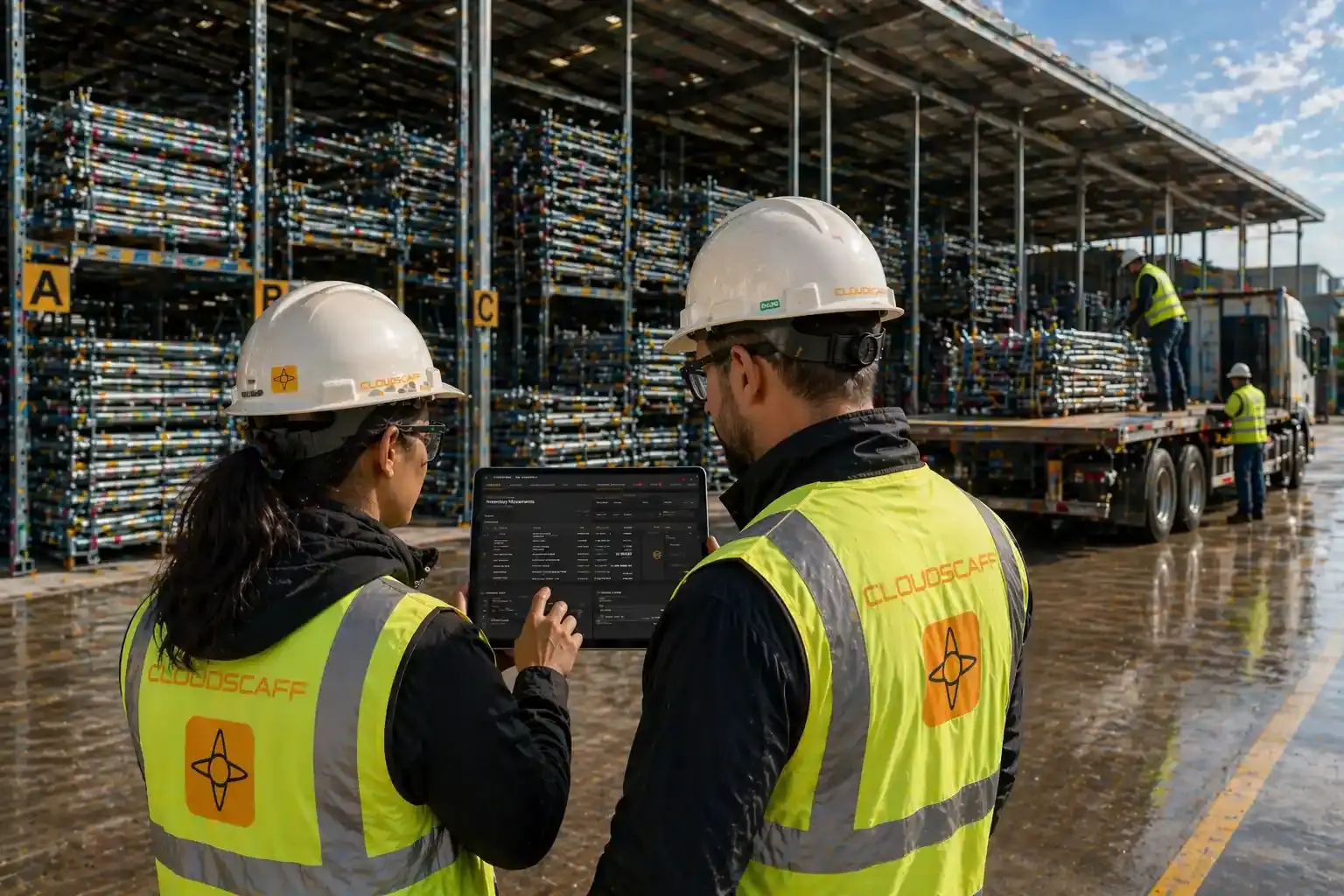Scaffolding inventory organised in the yard