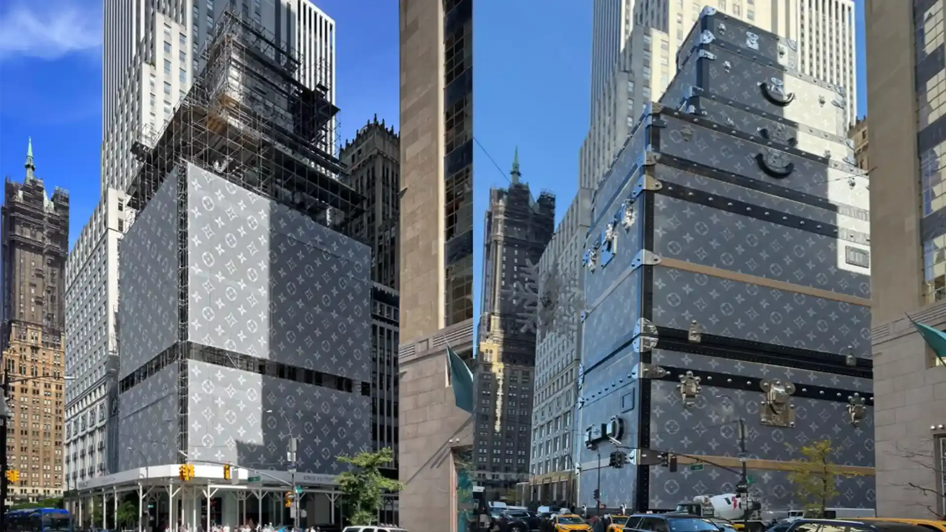 Stylized city scaffolding wrapped around abstract stacked trunk shapes