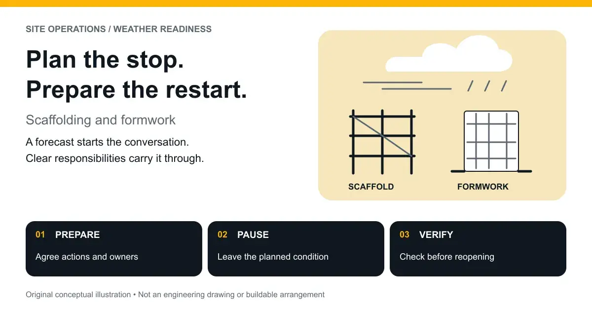Original conceptual scaffold and formwork icons beneath weather symbols, with prepare, pause and verify prompts; not an engineering drawing.