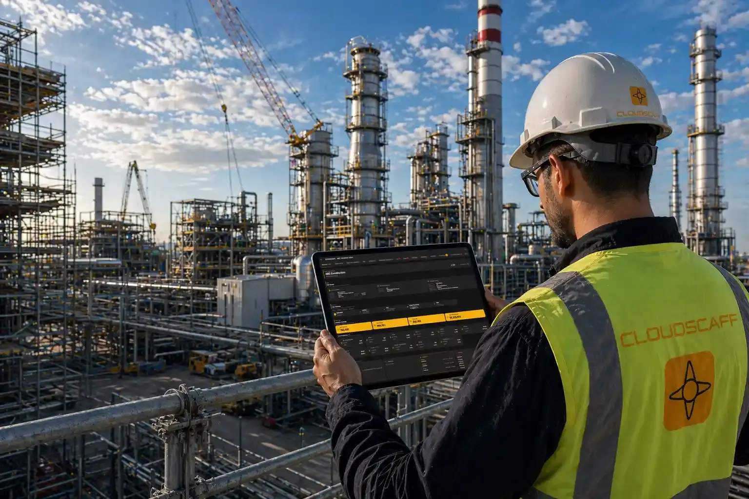 CloudScaff worker reviewing a tablet overlooking an industrial scaffold site
