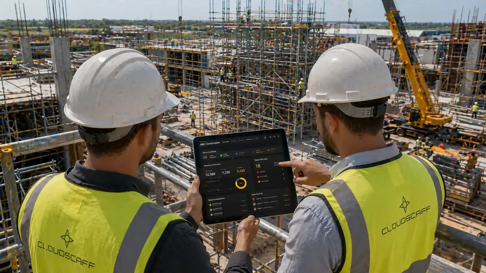 Construction team managing scaffolds and site activity using tablet on site